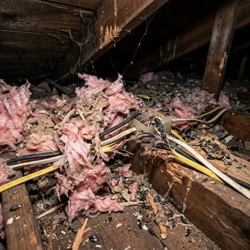 Contaminated ceiling insulation being assessed in a Red Hill roof space