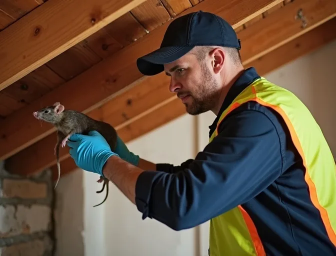 Technician inspecting a roof cavity for a dead rat in Red Hill
